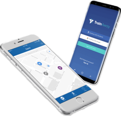 Two phones with the TrainAway app open to help people find a gym near them