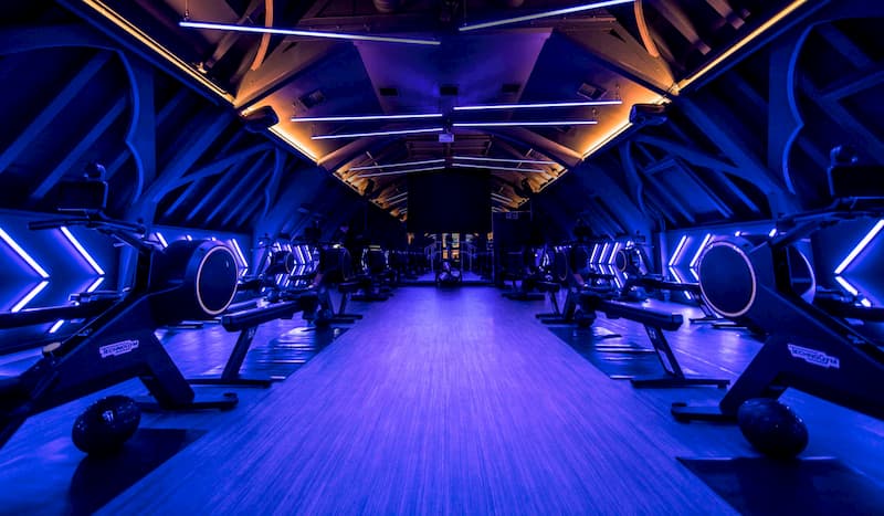  Futuristic room with fitness machines in it