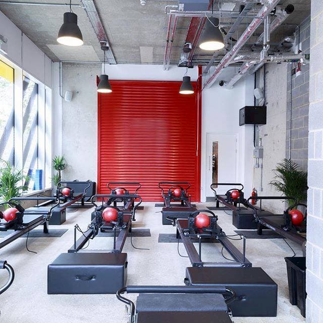 Fitness machines and a red door