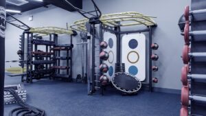 brick room with yoga mats